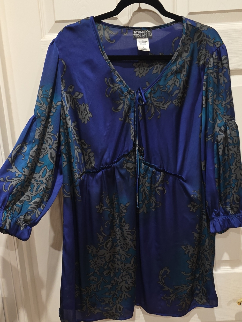 Evolution Royal Blue and Gray Floral Long-Sleeve Tunic Dress